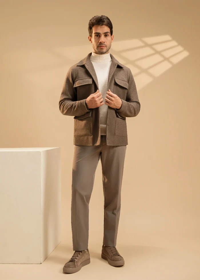 Taupe Grey Wool Blend Utility Jacket