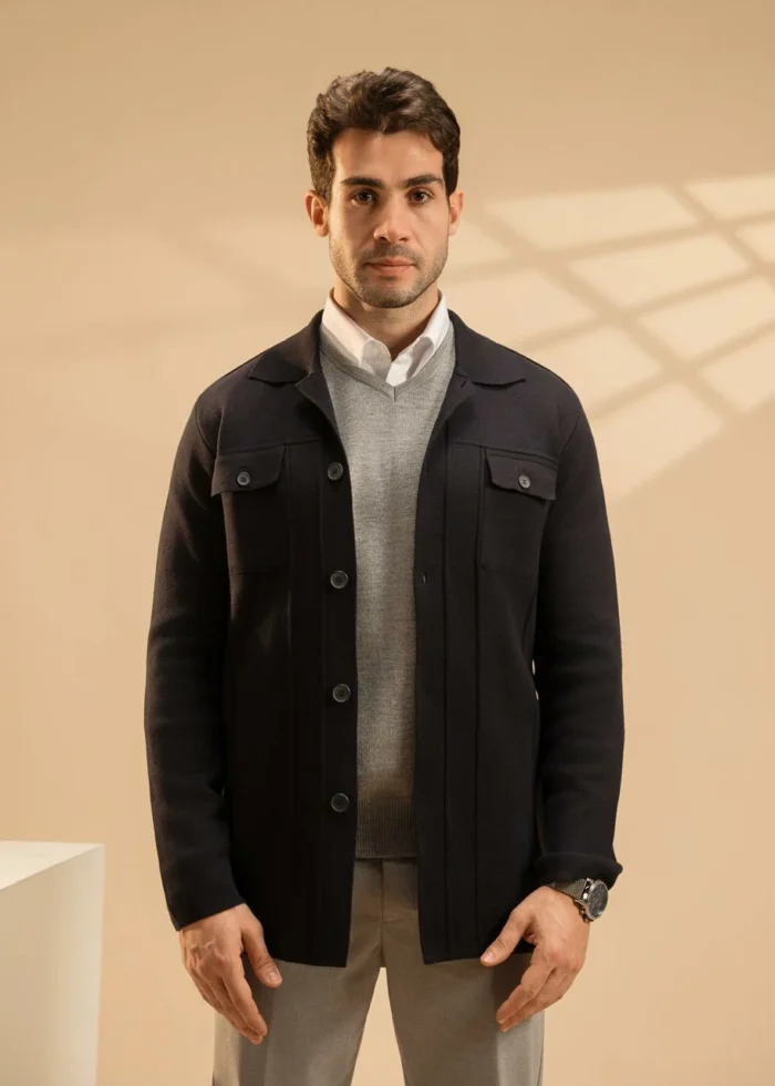 Navy Wool Blend Knit Jacket